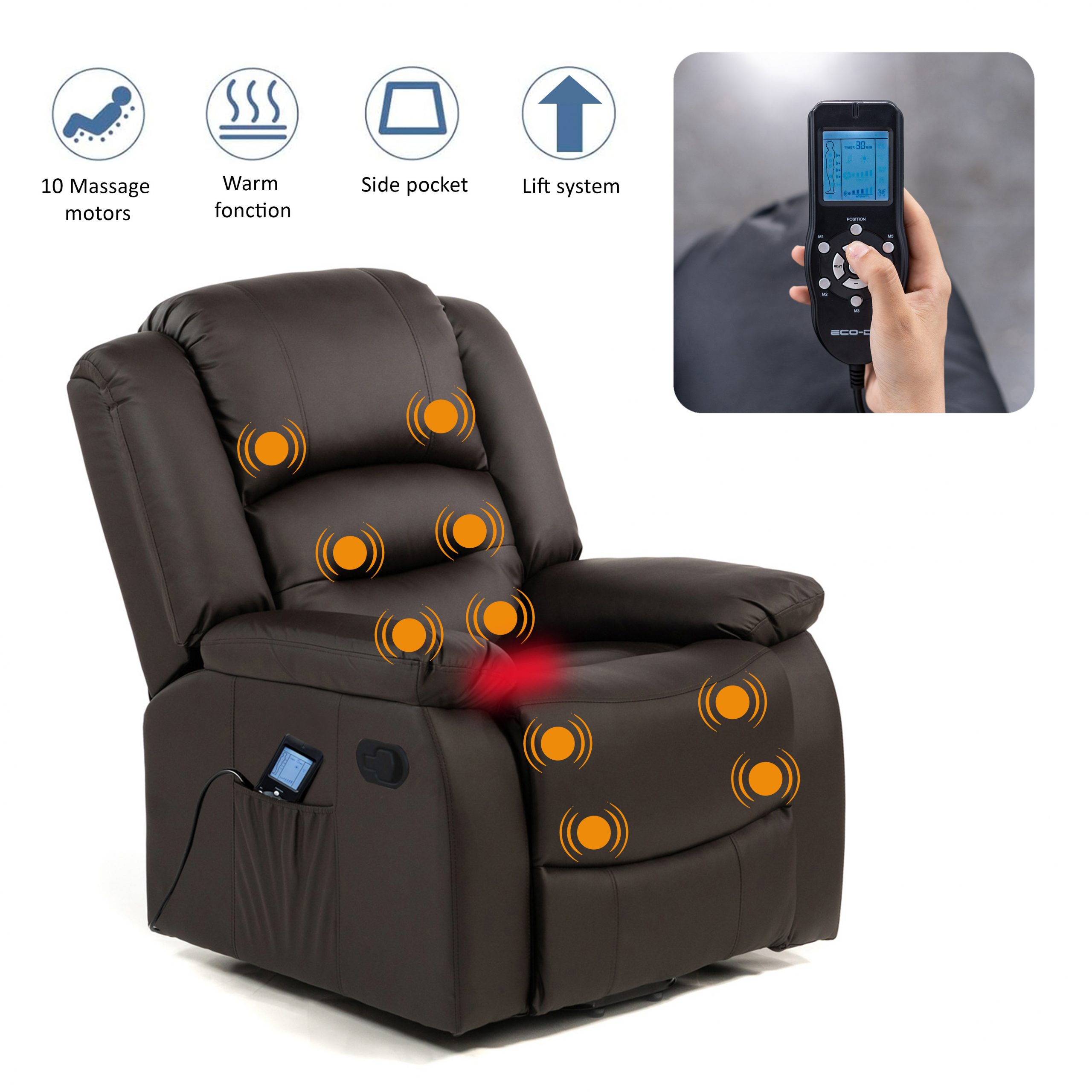 SILLON MAXIMUM PLUS LEVANTAPERSONA Y MASAJE USB RECLINABLE CALOR LUMBAR MARRON CHOCOLATE ECO-DE ECO-8198UP - Imagen 6