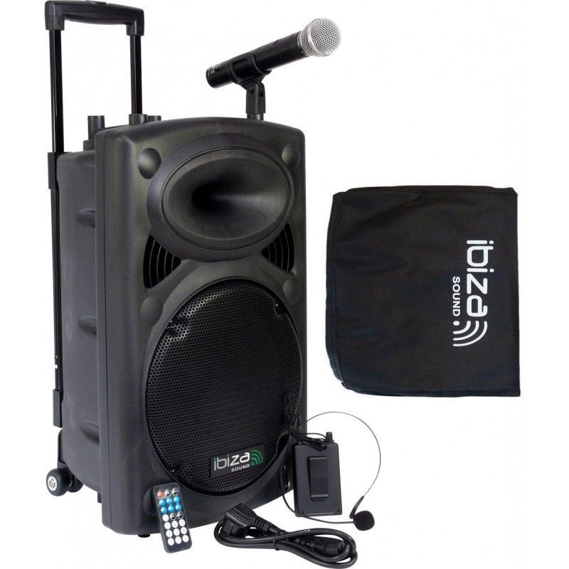 Ibiza - PORT10VHF-BT - Altavoz portátil 10/500W MAX con 2 micrófonos (con  Cable y VHF), Mando a Distancia y Cubierta Protectora - Bluetooth, USB, SD  - Duración de la batería de 5