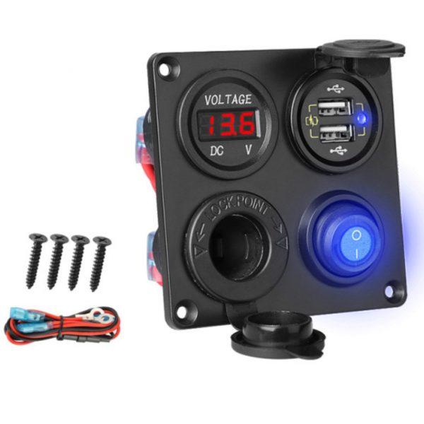 VOLTIMETRO CON ENCHUFE USB DUAL Y TOMA MECHERO 12V