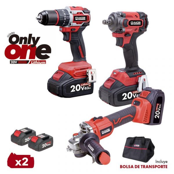 PACK RADIAL + TALADRO + LLAVE IMPACTO 20V ONLY ONE (2X4.0AH) AICER AC1735