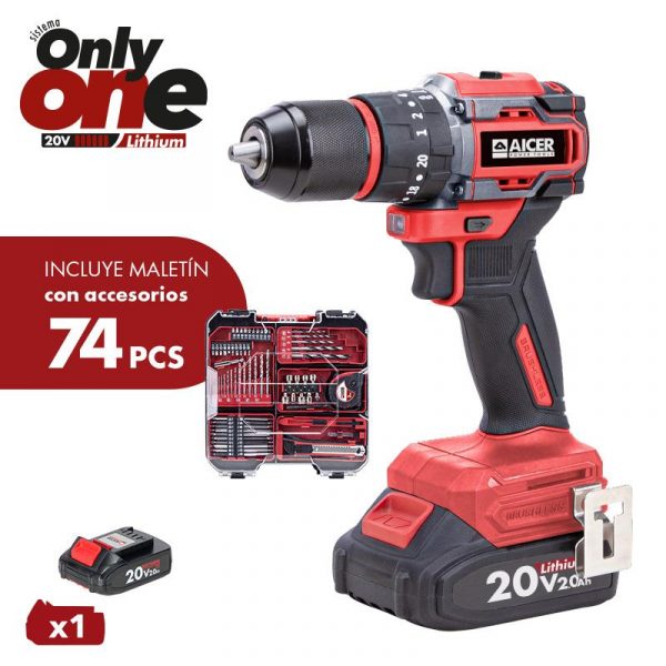 TALADRO PERCUTOR 20V + 74 ACCESORIOS ONLY ONE (1X 2.0AH) AICER AC1729