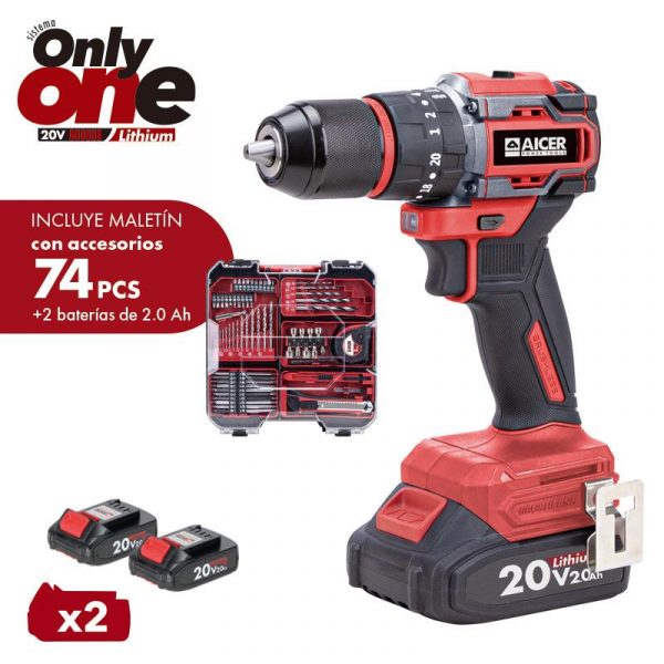 TALADRO PERCUTOR 20V + 74 ACCESORIOS ONLY ONE (2X 2.0AH) AICER AC1738