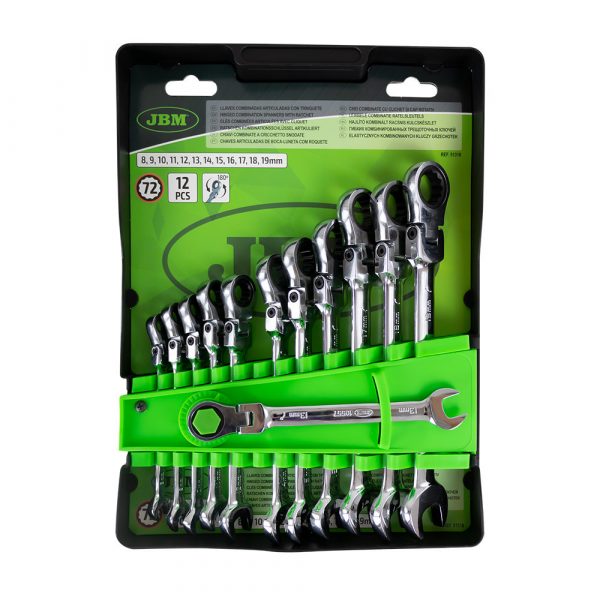 JUEGO DE 12 LLAVES COMBINADAS DE TRINQUETE DE CABEZA FLEXIBLE JBM 659097
