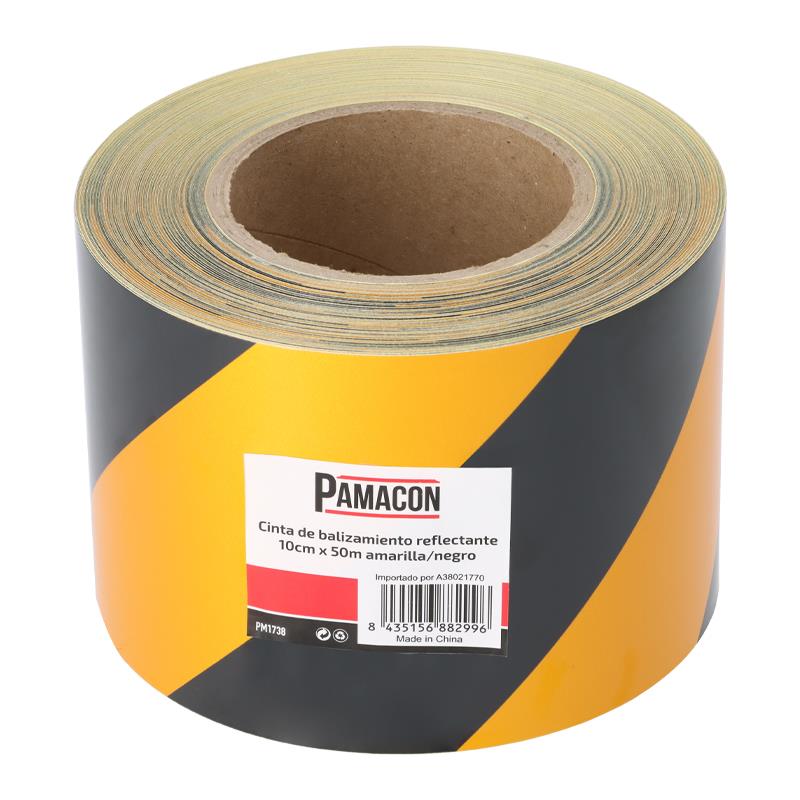 CINTA DE BALIZAMIENTO REFLECTANTE AMARILLA/NEGRO 10CMX50M PAMACON PM1738 CINTAS DE BALIZAMIENTOS SEGURIDAD VIAL