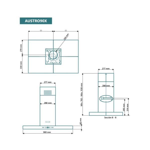 CAMPANA ISLA EN FORMA T 90CM INOX JOHNSON AUSTRO90X - Imagen 3