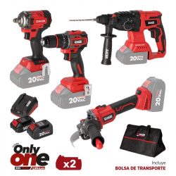 PACK RADIAL+TALADRO+LLAVE IMPACTO+MARTILLO 20V ONLY ONE (2X 2+4AH) AICER AC1730