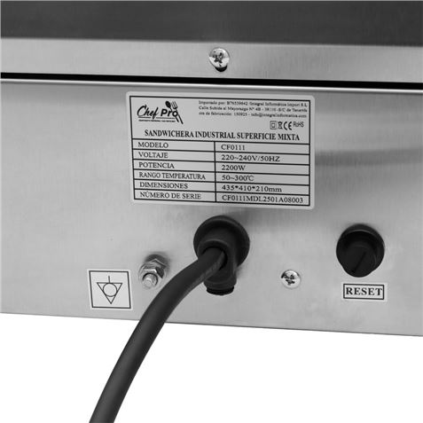 SANDWICHERA INDUSTRIAL SUPERFICIE MIXTA (RAYADA + LISA) 2200W CHEF PRO CF0111 - Imagen 7