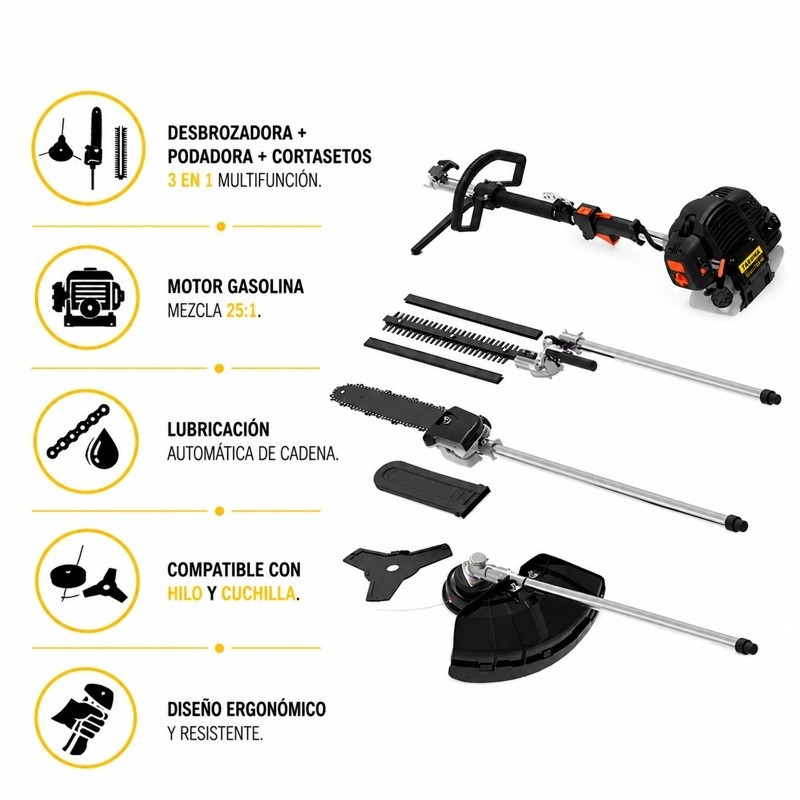 DESBROZADORA MULTIFUNCION + PODADORA + CORTASETOS 52CC TAKUMA TK299 - Imagen 3