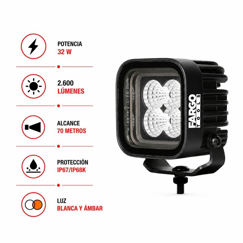 FARO LED CUADRADO 3” LARGO ALCANCE 32W 9-32V FARGO TOOLS FT1452 - Imagen 3