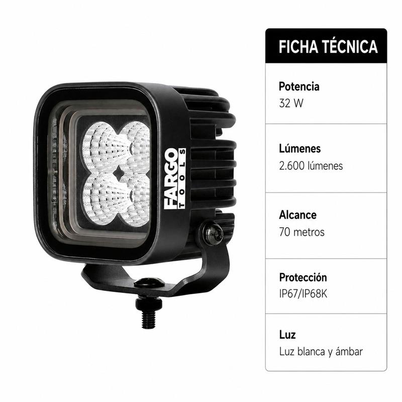 FARO LED CUADRADO 3” LARGO ALCANCE 32W 9-32V FARGO TOOLS FT1452 - Imagen 7