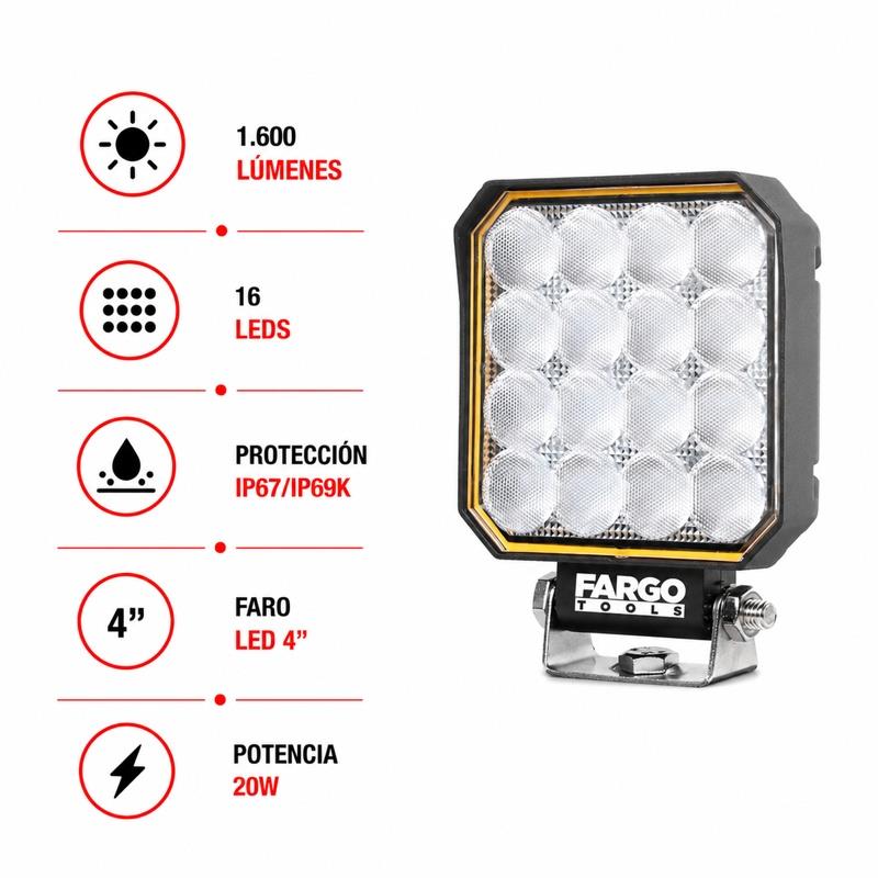 FARO LED CUADRADO 4" LARGO ALCANCE 1.600 LUMENS 20W FARGO TOOLS FT1462 - Imagen 3
