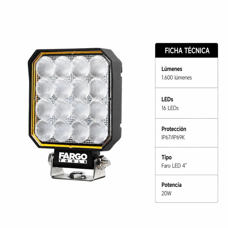 FARO LED CUADRADO 4" LARGO ALCANCE 1.600 LUMENS 20W FARGO TOOLS FT1462 - Imagen 7