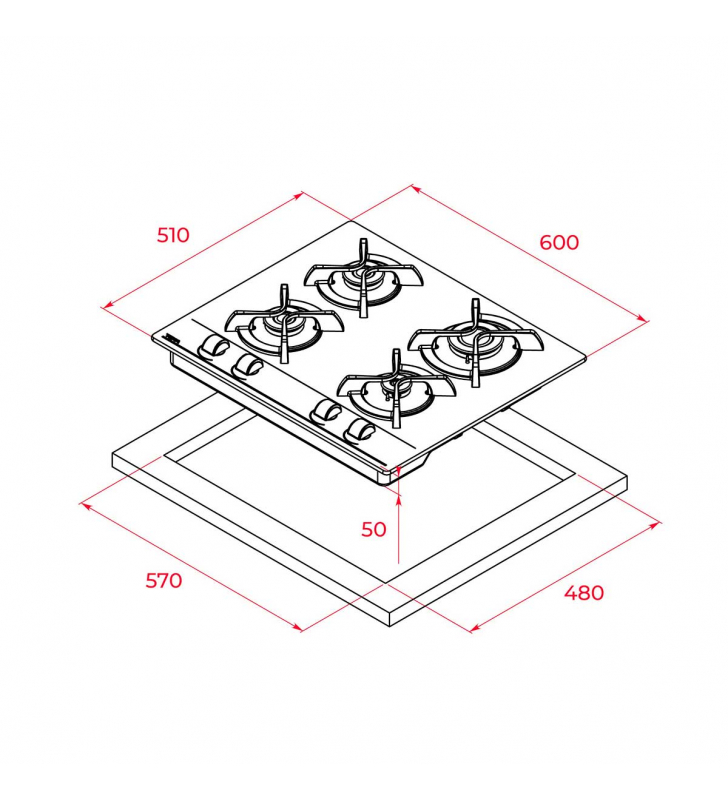 PLACA DE GAS CRISTAL 4 FUEGOS NEGRA TEKA GBC 64000 KBB 112580005 - Imagen 3
