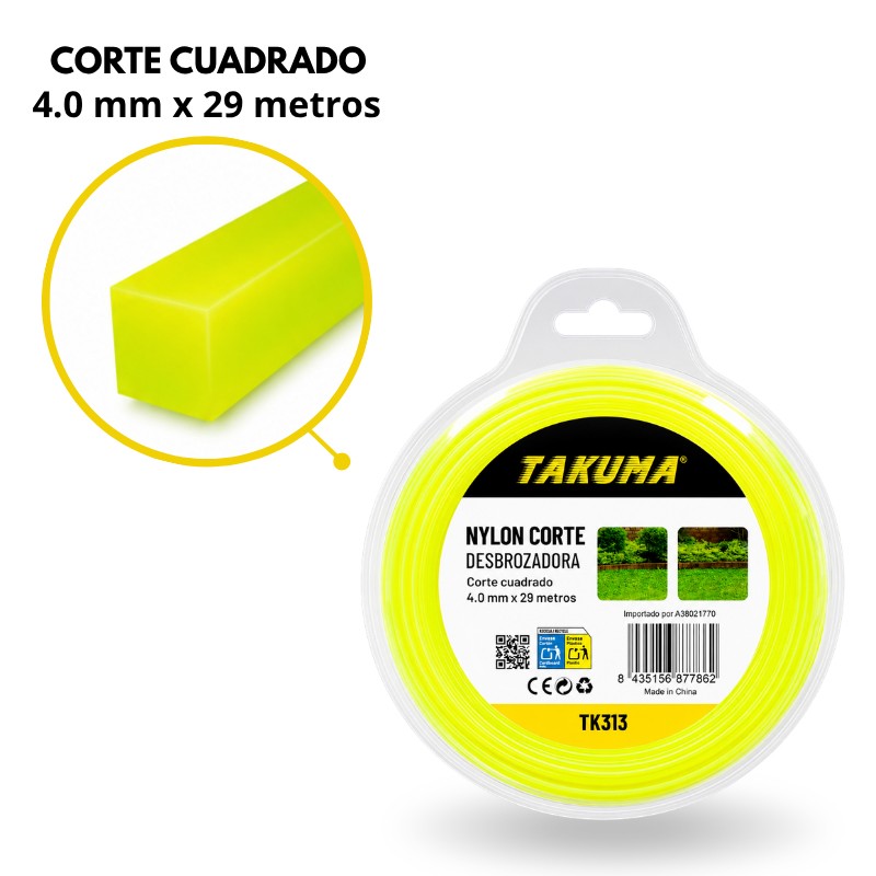 NYLON CORTE DESBROZADORA CUADRADO 4.0MMX29M TAKUMA TK313 NYLONS RECORTADOS PARA DESBROZADORAS CORTASETOS