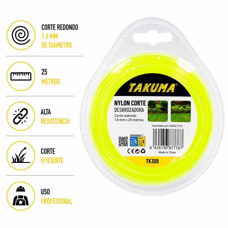 NYLON CORTE DESBROZADORA REDONDO 1.6MMX25M TAKUMA TK309 - Imagen 3