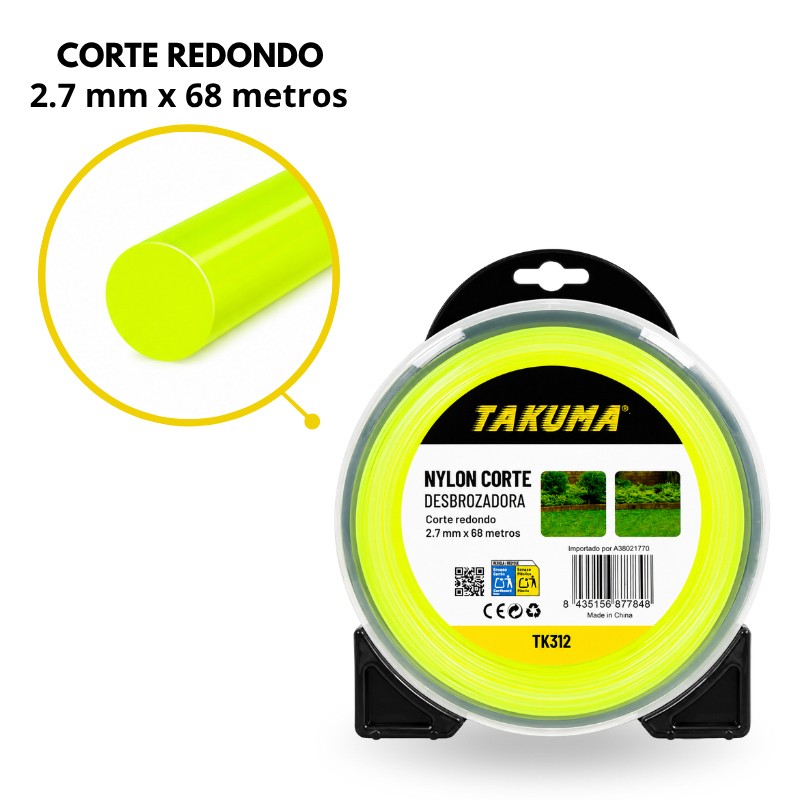 NYLON CORTE DESBROZADORA REDONDO 2.7MMX68M TAKUMA TK312 NYLONS RECORTADOS PARA DESBROZADORAS CORTASETOS