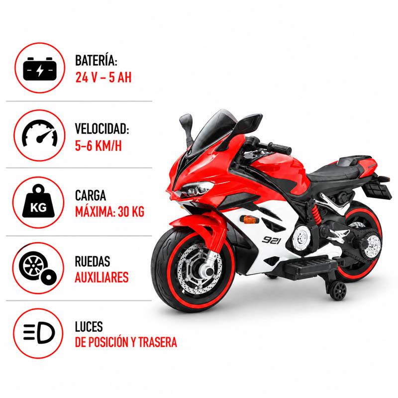 MOTO ELECTRICA INFANTIL ROJA-BLANCA 24V 5AH CON RUEDAS AUXILIARES 62583 - Imagen 3