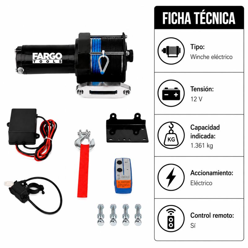 WINCHE ELECTRICO CONTROL REMOTO 12V 1.361KGS FARGO TOOLS FT1586 - Imagen 6