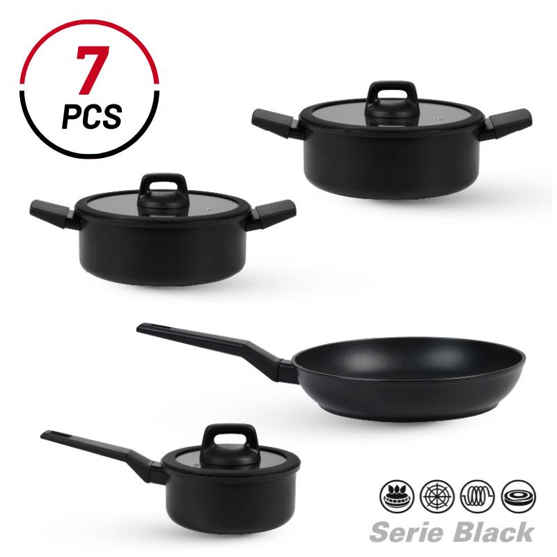 BATERIA DE COCINA SERIE BLACK 7PCS LARRYHOUSE LH2409 CASOS CAZOS BATERIAS SARTEN SARTENES CACEROLAS BATERIAS DE COCINAS BATERIAS PARA LAS COCINAS BATERIAS DE HOGAR