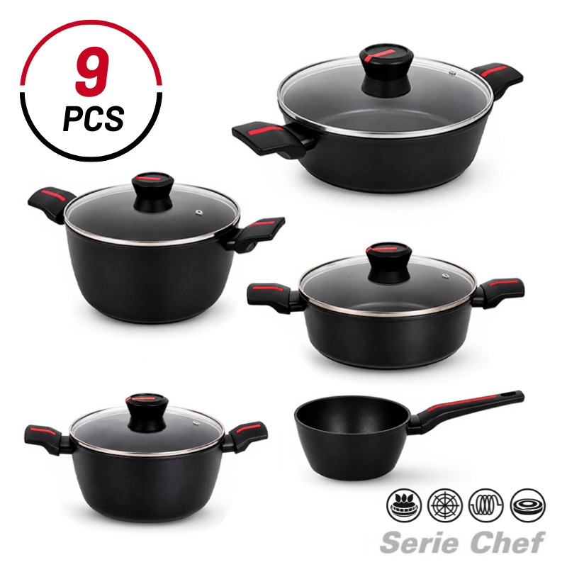BATERIA DE COCINA SERIE CHEF 9PCS LARRYHOUSE LH2233 CASOS CAZOS BATERIAS SARTEN SARTENES CACEROLAS