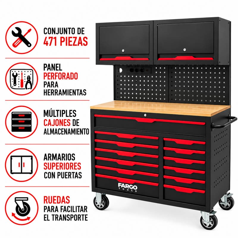 CARRO HERRAMIENTAS XXL CON PANEL 471PCS 170X105X48CM FARGO TOOLS FT1592 - Imagen 3