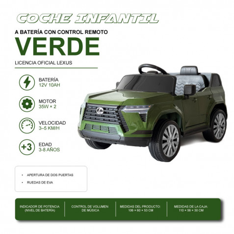 COCHE INFANTIL A BATERIA CON CONTROL REMOTO LEXUS GX550 VERDE 33023 - Imagen 2